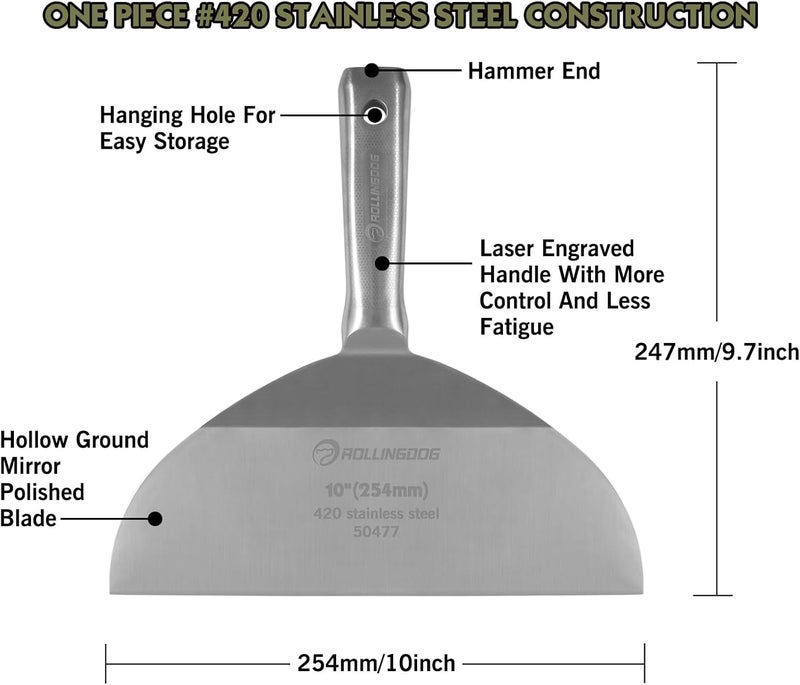 Rolling Dog Taping Knife 10 inch Putty Knife 420 Stainless Steel One Piece Drywall Joint Knife Mirror Polished Blade for Drywall, Painting - Image 3